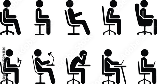 Sitting Postures Stick Figure Silhouette Icon Set Body Language Sitting Pose Silhouette Vector Pack