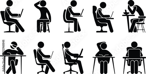 Sitting Postures Stick Figure Silhouette Icon Set Body Language Sitting Pose Silhouette Vector Pack