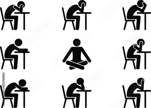 Sitting Postures Stick Figure Silhouette Icon Set Body Language Sitting Pose Silhouette Vector Pack