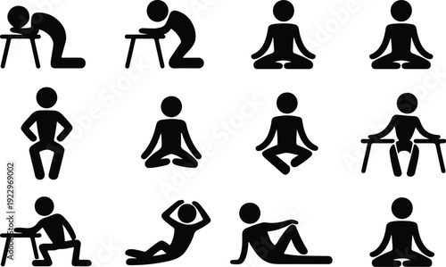 Sitting Postures Stick Figure Silhouette Icon Set Body Language Sitting Pose Silhouette Vector Pack
