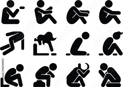 Sitting Postures Stick Figure Silhouette Icon Set Body Language Sitting Pose Silhouette Vector Pack