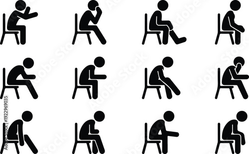 Sitting Postures Stick Figure Silhouette Icon Set Body Language Sitting Pose Silhouette Vector Pack