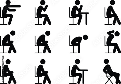 Sitting Postures Stick Figure Silhouette Icon Set Body Language Sitting Pose Silhouette Vector Pack