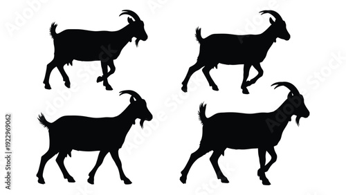 Silhouettes of four goats in various poses depicted in a stark black and white style