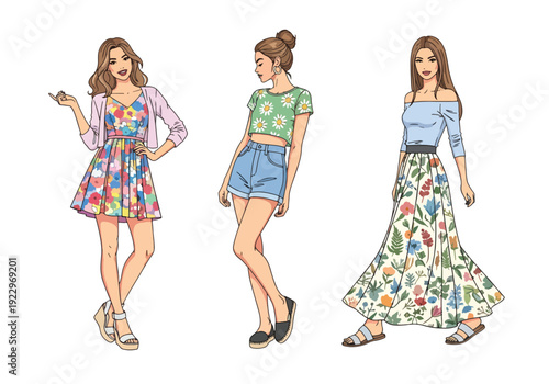 Set of 3 vector collections of young women wearing trendy spring fashion outfits with floral prints, summer dresses and casual chic style, isolated on white background, seasonal fashion illustration
