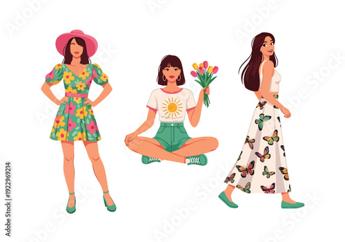 Set of 3 vector collections of young women wearing trendy spring fashion outfits with floral prints, summer dresses and casual chic style, isolated on white background, seasonal fashion illustration