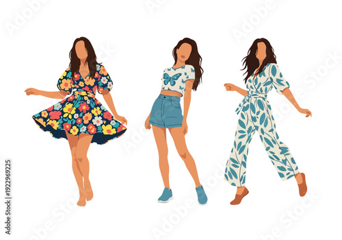 Set of 3 vector collections of young women wearing trendy spring fashion outfits with floral prints, summer dresses and casual chic style, isolated on white background, seasonal fashion illustration