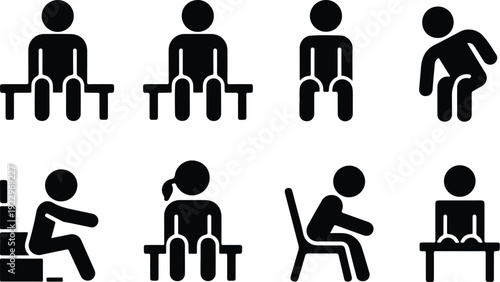 Sitting Postures Stick Figure Silhouette Icon Set Body Language Sitting Pose Silhouette Vector Pack