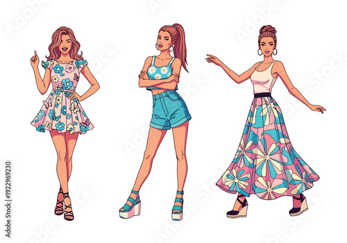 Set of 3 vector collections of young women wearing trendy spring fashion outfits with floral prints, summer dresses and casual chic style, isolated on white background, seasonal fashion illustration