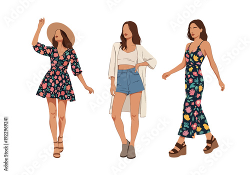Set of 3 vector collections of young women wearing trendy spring fashion outfits with floral prints, summer dresses and casual chic style, isolated on white background, seasonal fashion illustration