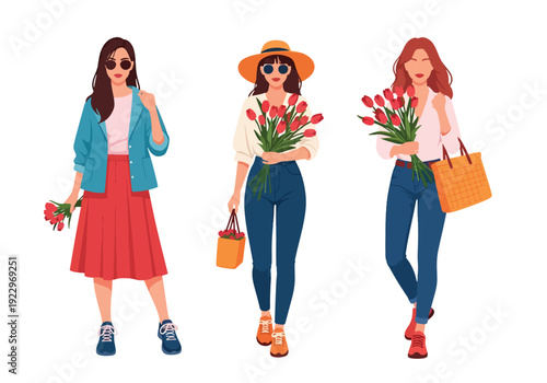 Set of 3 vector collections of young women wearing trendy spring fashion outfits with floral prints, summer dresses and casual chic style, isolated on white background, seasonal fashion illustration