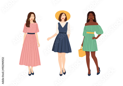 Set of 3 vector collections of young women wearing trendy spring fashion outfits with floral prints, summer dresses and casual chic style, isolated on white background, seasonal fashion illustration