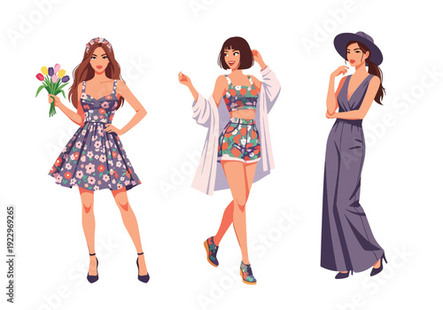 Set of 3 vector collections of young women wearing trendy spring fashion outfits with floral prints, summer dresses and casual chic style, isolated on white background, seasonal fashion illustration
