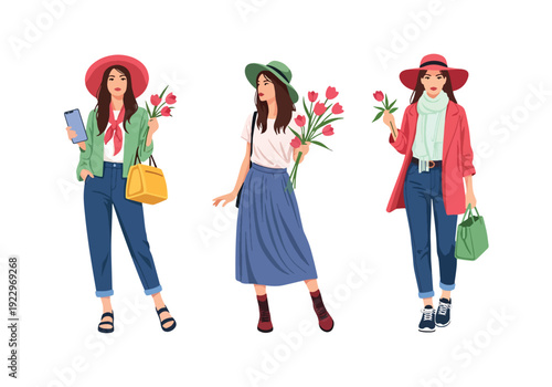 Set of 3 vector collections of young women wearing trendy spring fashion outfits with floral prints, summer dresses and casual chic style, isolated on white background, seasonal fashion illustration