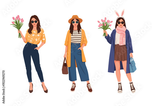 Set of 3 vector collections of young women wearing trendy spring fashion outfits with floral prints, summer dresses and casual chic style, isolated on white background, seasonal fashion illustration