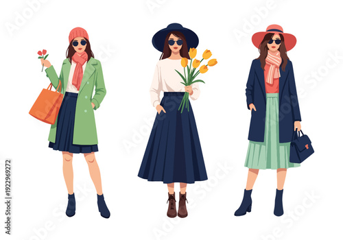 Set of 3 vector collections of young women wearing trendy spring fashion outfits with floral prints, summer dresses and casual chic style, isolated on white background, seasonal fashion illustration