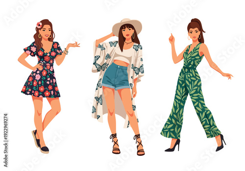 Set of 3 vector collections of young women wearing trendy spring fashion outfits with floral prints, summer dresses and casual chic style, isolated on white background, seasonal fashion illustration