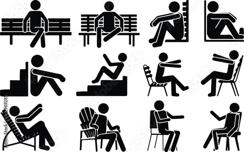 Sitting Postures Stick Figure Silhouette Icon Set Body Language Sitting Pose Silhouette Vector Pack