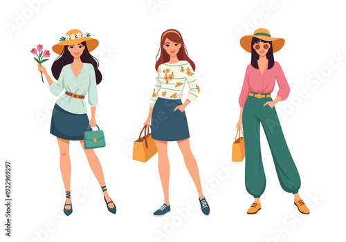 Set of 3 vector collections of young women wearing trendy spring fashion outfits with floral prints, summer dresses and casual chic style, isolated on white background, seasonal fashion illustration