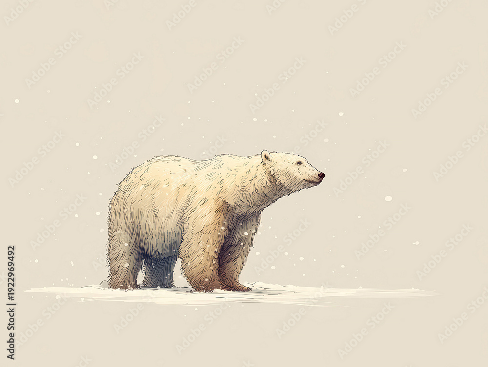 Fototapeta premium Polar bear standing on two legs, lowered head, white fur blending with snowy environment, thin contour-line illustration style, soft diffused lighting, gentle snowfall, realistic styliz - AI-Generated