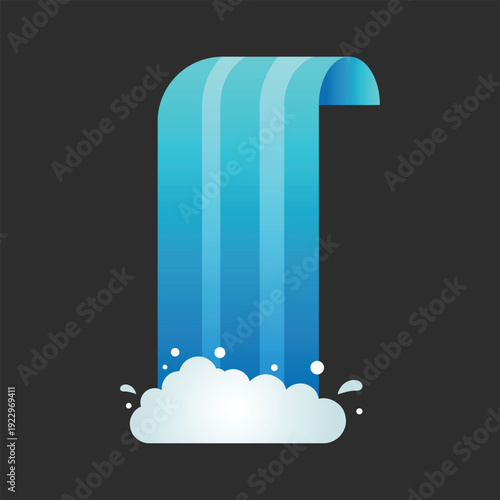 Cataract River Blue waterfall vector illustration on black background, nature landscape | Minimalist flat design waterfall icon with water splash and foam | Pure fresh water cascade, nature 
