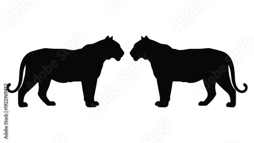 Two majestic lions facing each other in a stark black silhouette