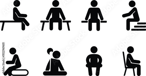 Sitting Postures Stick Figure Silhouette Icon Set Body Language Sitting Pose Silhouette Vector Pack
