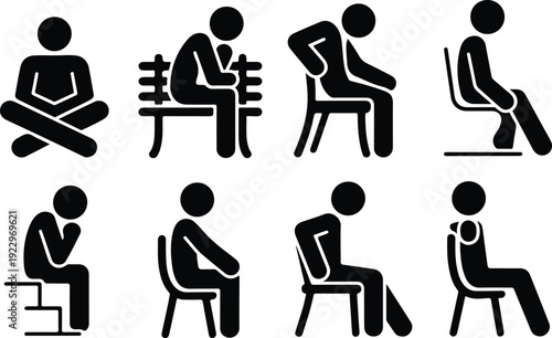 Sitting Postures Stick Figure Silhouette Icon Set Body Language Sitting Pose Silhouette Vector Pack