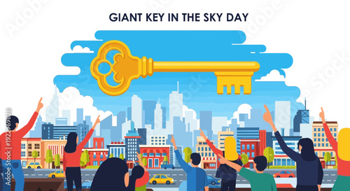 Giant Golden Key Floating Above City Skyline, People Looking Up