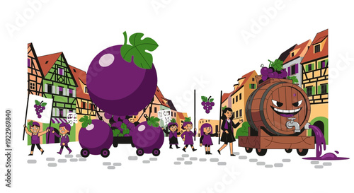 Grape Harvest Festival Parade in European Town with Cute Characters