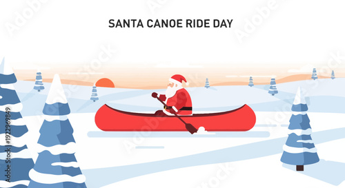Santa Claus Canoeing Through Snowy Winter Landscape at Sunset