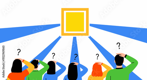 Confused Crowd Looking at Bright Yellow Square with Question Marks