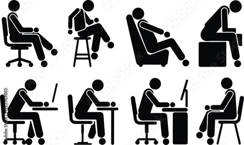 Sitting Postures Stick Figure Silhouette Icon Set Body Language Sitting Pose Silhouette Vector Pack