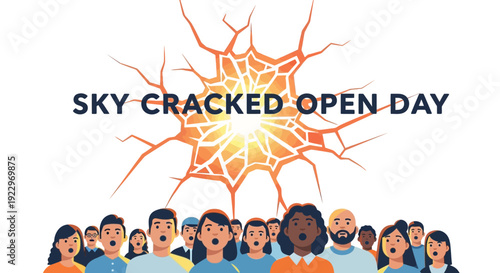 People look up at cracked sky with bright light