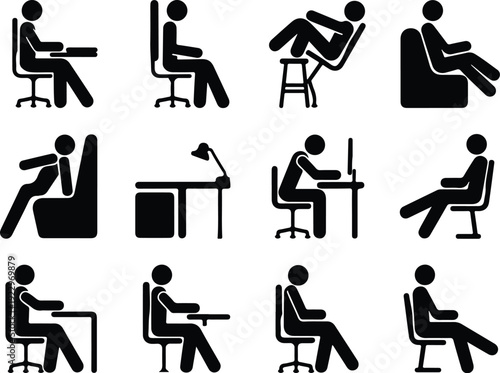 Sitting Postures Stick Figure Silhouette Icon Set Body Language Sitting Pose Silhouette Vector Pack