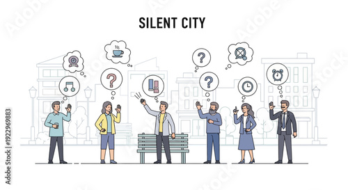 People in Silent City with thought bubbles on phones