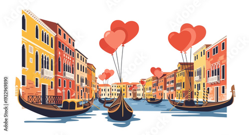 Venice Canal with Gondolas and Heart Balloons