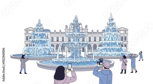 Tourists photographing frozen fountain and baroque palace in winter