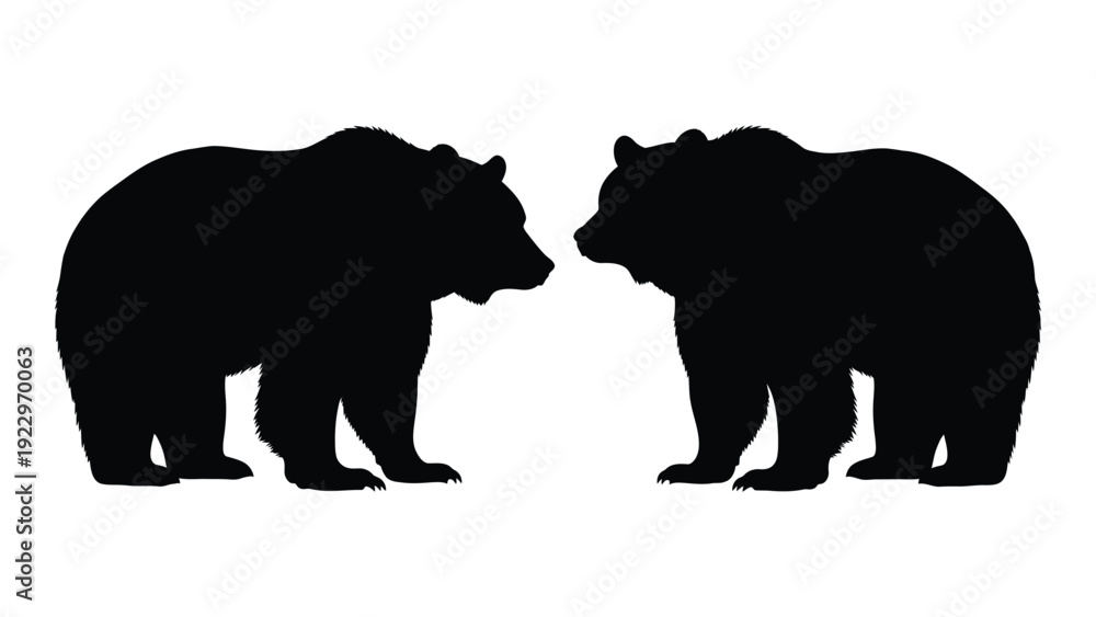 Fototapeta premium Two black silhouettes of bears facing each other in a minimalist design