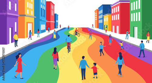 Rainbow city street with diverse people celebrating diversity and pride