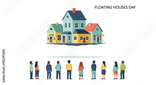 People Gathered Below Colorful Floating Houses Illustration