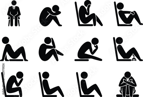 Sitting Postures Stick Figure Silhouette Icon Set Body Language Sitting Pose Silhouette Vector Pack