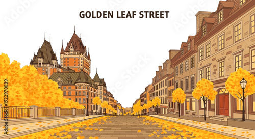 Autumn Street Scene with Golden Trees and Historic Buildings