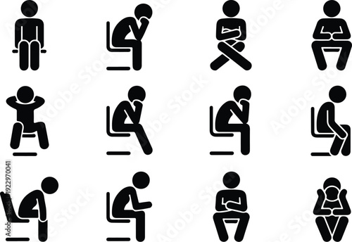 Sitting Postures Stick Figure Silhouette Icon Set Body Language Sitting Pose Silhouette Vector Pack
