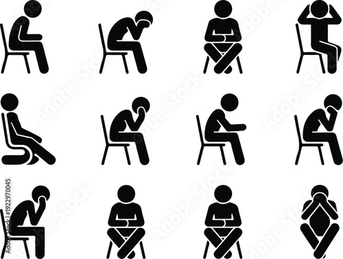 Sitting Postures Stick Figure Silhouette Icon Set Body Language Sitting Pose Silhouette Vector Pack