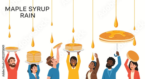 People enjoying maple syrup rain and pancakes