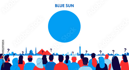 Crowd Gazing at Blue Sun Over Egyptian Skyline