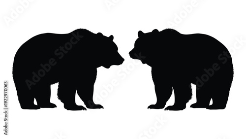 Two black silhouettes of bears facing each other in a minimalist design