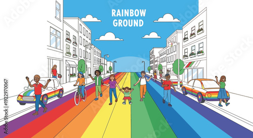 People walk on rainbow street, diversity and inclusion in city