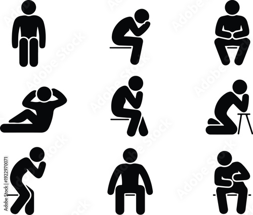 Sitting Postures Stick Figure Silhouette Icon Set Body Language Sitting Pose Silhouette Vector Pack